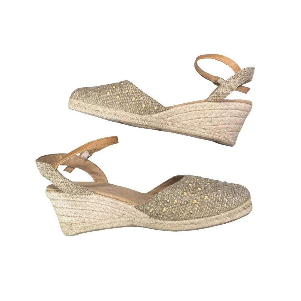 White Mountain Saltwater Gold Metallic Studded Espadrille Wedge Sandals Women 8M